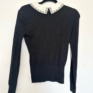 Ted Baker mesh Black Sweater with Peter Pan White Embroidered Collar size 0